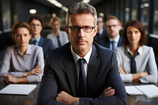 Professional man wearing suit and tie stands confidently in front of group of people. This image can be used to represent leadership, business presentations, team meetings, or professional networking