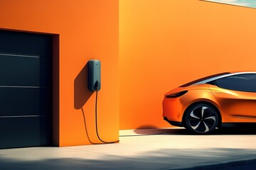 Sleek electric car charging at a modern station with vibrant orange backdrop, symbolizing clean energy and innovation