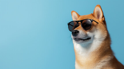 Shiba inu dog wearing sunglasses on a blue background with copy space