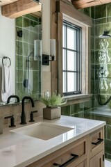 A Relaxing bathroom featuring natural wood, stone countertops, green glass tiles.