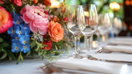 A beautiful table setting with flowers and wine glasses