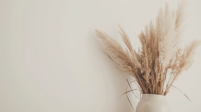 a vase of pampas grass against a white wall, in the style of muted, earthy tones, furry art, dreamy romanticism, light brown, rough clusters, sabattier filter, bec winnel  