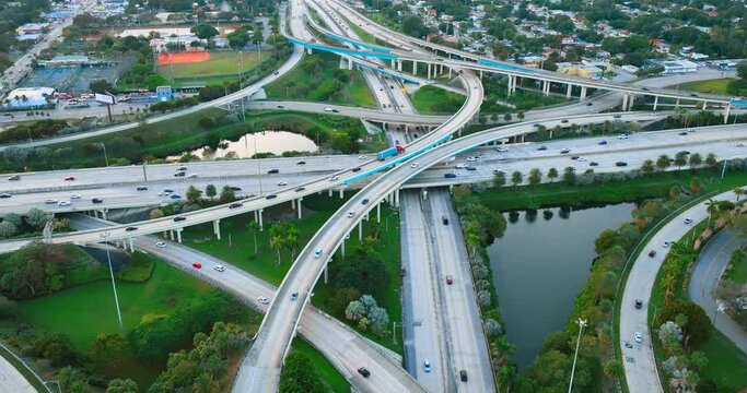 Aerial view of intersection of Interstate 95 and Florida State Route 112. Multilevel interchange with cars and road signs.