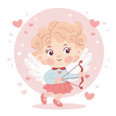 Cute baby cupid character with a bow, St. Valentine s day, pastel colours. Vector illustration in flat cartoon style