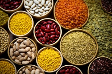 An array of seeds and nuts beautifully presented in wooden spoons on a dark surface, highlighting textures and natural colors. Generative ai
