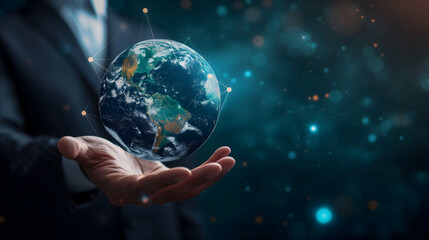 Investor hand holding digital globe represents the communication and connection of information across the world, machine learning on big data and blockchain the new technology