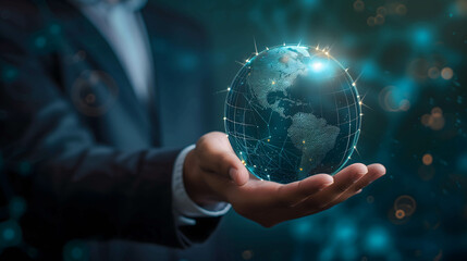 Investor hand holding digital globe represents the communication and connection of information across the world, machine learning on big data and blockchain the new technology
