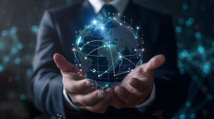 Investor hand holding digital globe represents the communication and connection of information across the world, machine learning on big data and blockchain the new technology