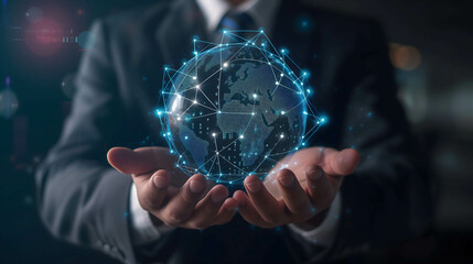 Investor hand holding digital globe represents the communication and connection of information across the world, machine learning on big data and blockchain the new technology