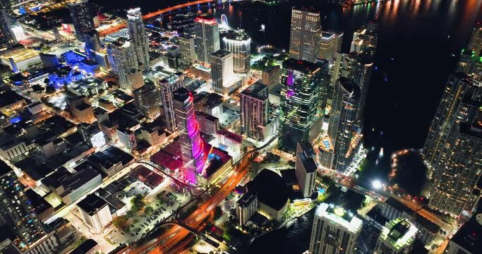Miami Tower. Aerial view of downtown office district of Miami Brickell in Florida, USA at night. High commercial and residential skyscraper buildings.