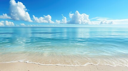 A breathtaking tropical beach panorama, capturing the serene seascape with a vast horizon, where the sky meets the crystal-clear sea - obrazy, fototapety, plakaty