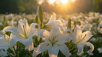 An enchanting meadow of white lilies bathed in the soft, warm light of sunrise. 