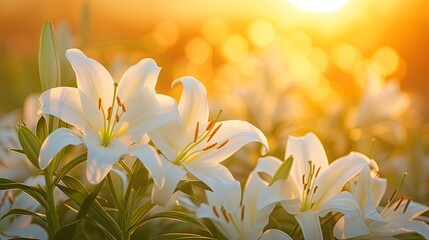 An enchanting meadow of white lilies bathed in the soft, warm light of sunrise. 