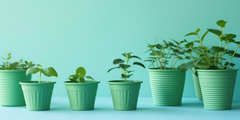 Obraz premium Background with copy space and a series of graduated green biodegradable plant pots, highlighting the growth stages of plants and promoting sustainable planting practices.