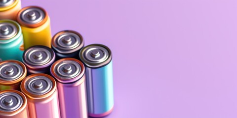 Banner with copy space and a collection of colorful used batteries arranged against a soft purple background, symbolizing the need for proper disposal and recycling.