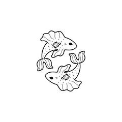 Pisces zodiac symbol black contour, Astrological zodiac vector icon, two fishes, Pisces Horoscope sign isolated on white