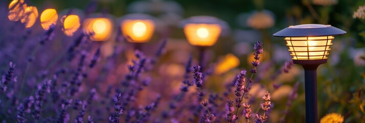 Banner with a set of solar-powered garden lights illuminating a bed of lavender plants in the...
