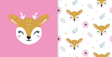Illustration of cute deer, fawn. Baby, child, cute portrait. Little face, little animal, pet. Brown character. Sticker, wall art, kids room decoration, cutie full face, pattern seamless