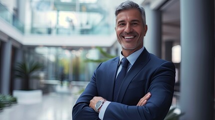 Fototapeta premium portrait of successful senior businessman consultant looking at camera and smiling inside modern office building