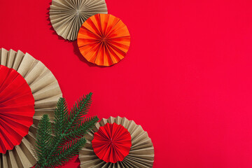 Happy Chinese New Year traditional concept. Oriental asian style paper fans on red background