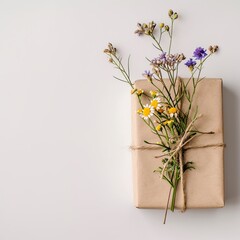 Top view of a gift box wrapped in brown paper with flowers