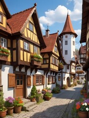 Illustration einer mittelalterlichen Stra&szlig;e in einer deutschen Kleinstadt mit Fachwerkh&auml;usern