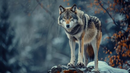 In a snowy forest, a majestic grey wolf stands tall on a rocky ledge, its piercing gaze fixed on its surroundings, infrared photography, van gogh style,  