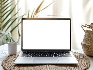 Front view of a 3d realistic Laptop mockup on a table. Aesthetically themed room, coffee next to the Laptop and tropical plants and white curtains in the background. Created with Generative AI.
