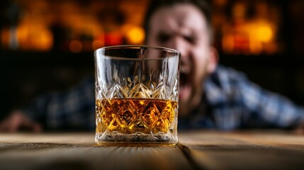 The problem of alcohol addiction destroys life. A disheveled, unshaven, exhausted man in a plaid shirt shouts at a glass of whiskey on the table, the desire and inability to give up alcohol