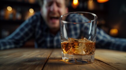The problem of alcohol addiction destroys life. A disheveled, unshaven, exhausted man in a plaid shirt shouts at a glass of whiskey on the table, the desire and inability to give up alcohol - obrazy, fototapety, plakaty