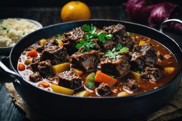 Stewed oxtail served in a rich and flavorful sauce with vegetables and spices by ai generated