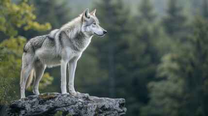 n the dense forest, a majestic grey wolf stood on a rocky ledge,  