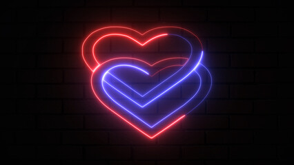Design element for Happy Valentine's Day. Two glowing neon heart shape suit icon. Retro neon heart sign on purple background