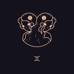 Twins or Gemini zodiac card template, line art vector illustration isolated.