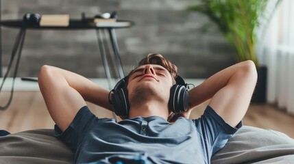 Teenager boy relaxing while lying in bed in headphones and listening to the music. Lost in melodies, he escapes to a world of rhythm. - obrazy, fototapety, plakaty