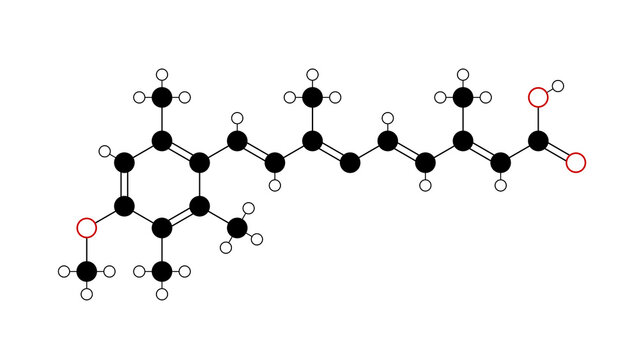acitretin molecule, structural chemical formula, ball-and-stick model, isolated image neotigason