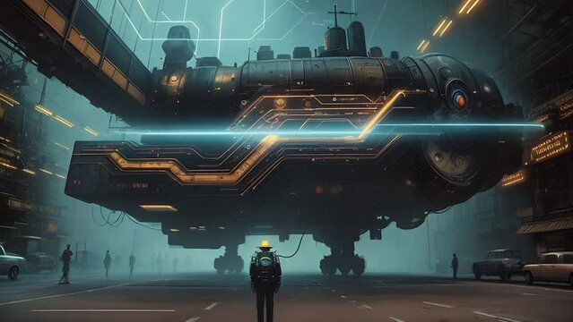 A spaceship from the future on an urban retro background. Time Machine. Abstract technology, in the style of a frame from a retro futuristic film, steampunk Lo-fi. Horizonal video.