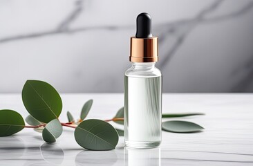 Glass dropper bottle with a pippette with rubber tip on the beautiful background. Nature Skin concept. Organic Spa Cosmetics. Eco friendly care organic Cosmetic product. Beauty treatment. Spa Concept.