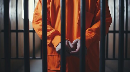 Emotion etched on every line, the hands of a prisoner tightly grip the prison bars, a poignant reminder of lost freedom. Male hands close-up.