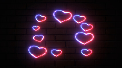 A lot of bright neon heart shape suit icon. Red and blue color neon three heart shape Valentine's Day love sign card. outline card suit symbol and silhouette