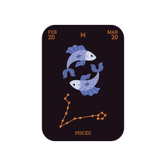 Horoscope card with Pisces zodiac symbol and sign, constellation, birth date, vector Astrological two fishes zodiac icon