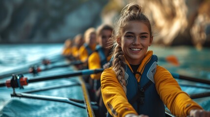 Beautiful women's rowing team on blue water. Teamwork concept