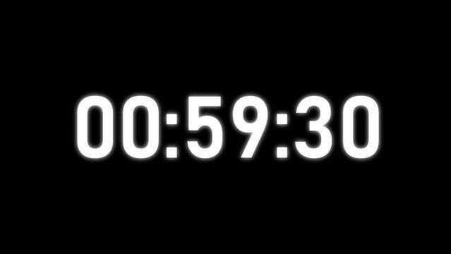 One hour Countdown timer. Digital countdown clock timer in one minute or 60 seconds to zero second. White text number on isolated black background. 4k animation.