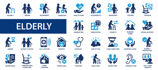 Elderly flat icons set. Pensioner, ageing, senior, checkup, health care, lifetime icons and more signs. Flat icon collection - obrazy, fototapety, plakaty