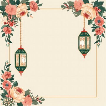 Islamic festival poster background design with floral and lanterns, suitable for Ramadan Kareem , Hari Raya, Eid Mubarak, Eid al Adha