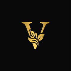 golden letter V flower letters. Vintage ornament initial Alphabet. Logo vector	
