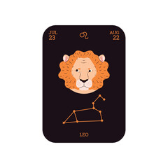 Card with astrology zodiac sign Leo, cartoon style vector illustration