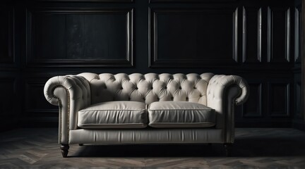 Vintage classic white sofa chair on plain black dark empty room background from Generative AI