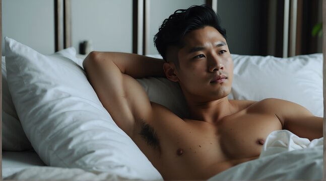 Attractive handsome fit intimate asian man shirtless lying on a white bed looking on camera from Generative AI