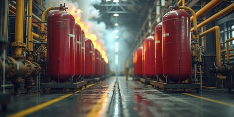 Industrial Safety System: Red safety valves in modern industrial environments, providing protection and control from potential hazards.